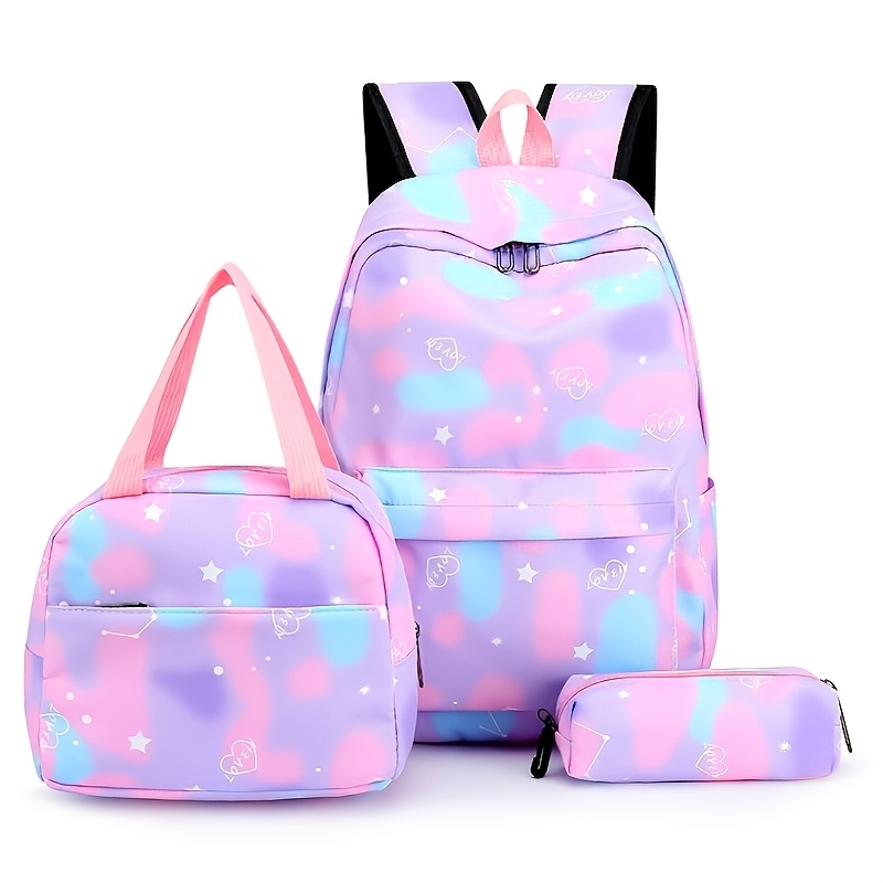 

1 ensemble de sac à dos Kawaii Tie-Dye avec motif de dessin , sac à déjeuner et trousse, en nylon, motif géométrique, fermeture à glissière, doublure en polyester, pour - Noir