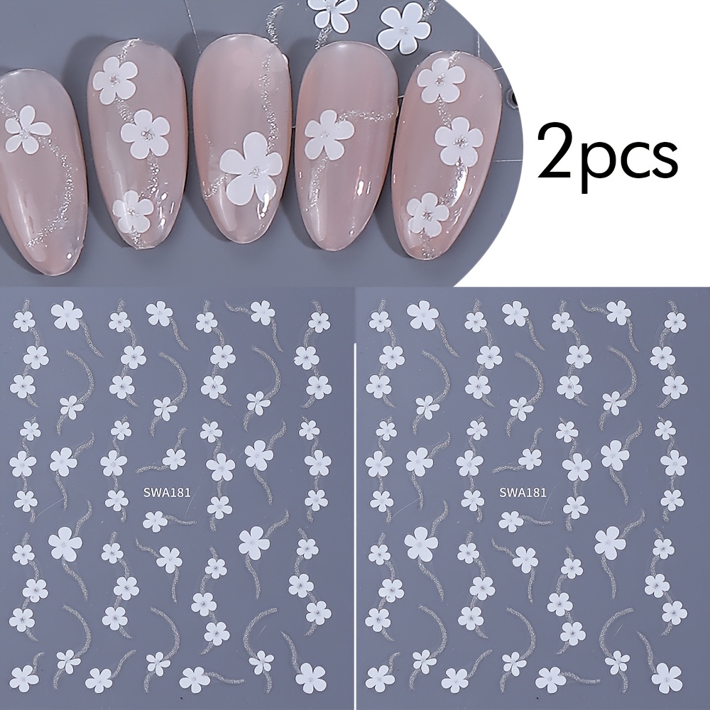 2 Elegant White Flower Nail Stickers, Silvery Shiny Ribbon Curve Small White Flower Nail Stickers, Valentine's Day Wedding Nail Art, Spring And Summer Decoration Stickers Swa181 In White