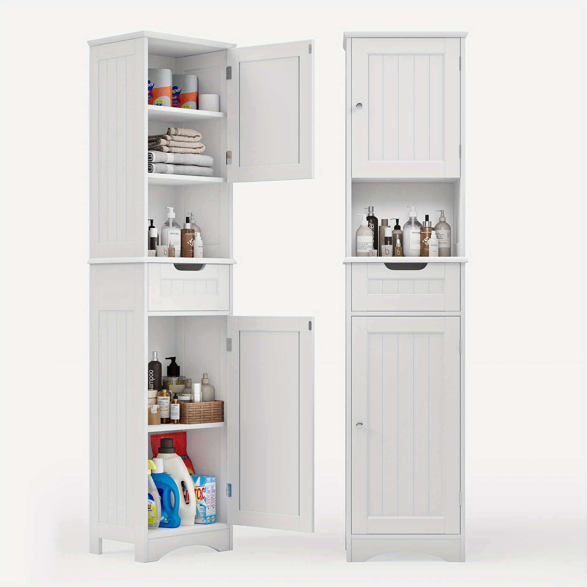 Tall Bathroom Cabinet, Bathroom Furniture With Adjustable Shelves, Storage Cabinet With Open Compartment, 1 Drawer And Doors For Bathroom, Living Room, Bedroom, 170 X 40 X 30cm
