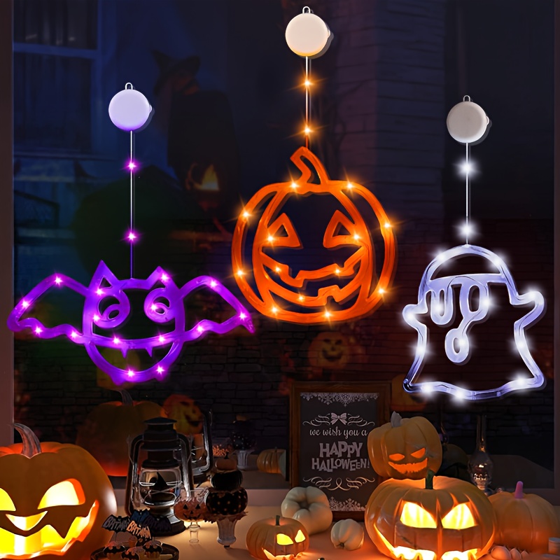 TEMU 3-pack Halloween Decorations With Orange Pumpkin White Green Bat Window Lights With Suction Cup Battery Powered Halloween Led Lights With