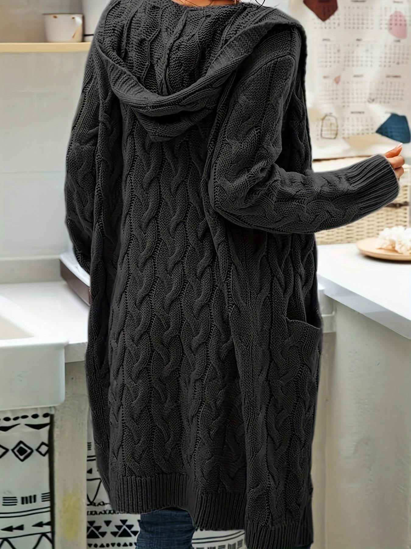 Chunky Knit discount Hooded Cardigan, Solid Long Open Front Sweater