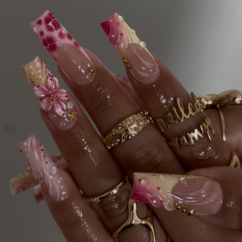TEMU 24pcs Faux Ongles Carrés Longs Moyens Y2K Style Rose Imprimé Léopard 3D Fleur Longue Pipe Design Brillant Couverture Complète Réutilisables Faux