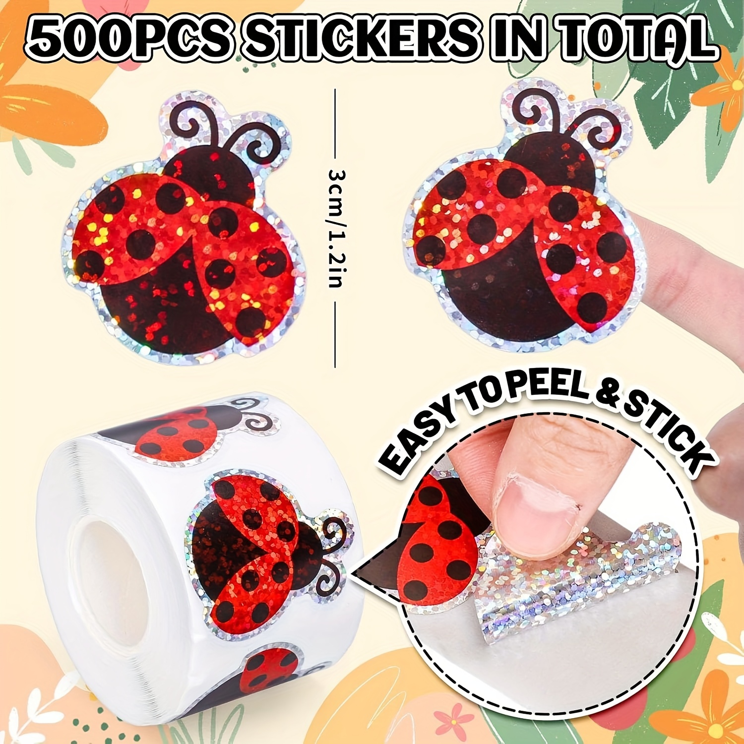 500pcs 1.2in/3cm Cute Ladybug Shaped Diy Waterproof Stickers, Glitter Adhesive Labels For Party Envelopes And Behavior Reward Decals