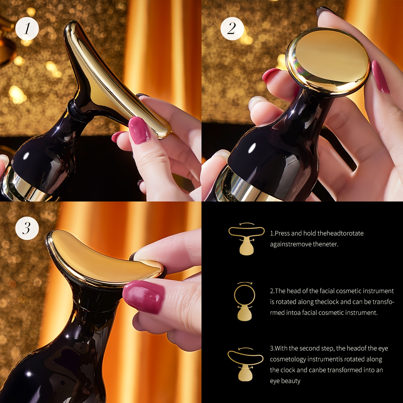 Dispozitiv de masaj vibrator cu trei capete interschimbabile, potrivit pentru îngrijirea frumuseții faciale, masajul gâtului și îngrijirea ochilor. Vine într-o cutie de cadou, ideal ca prezent pentru femei. Necesită baterii AA5 (neincluse)
