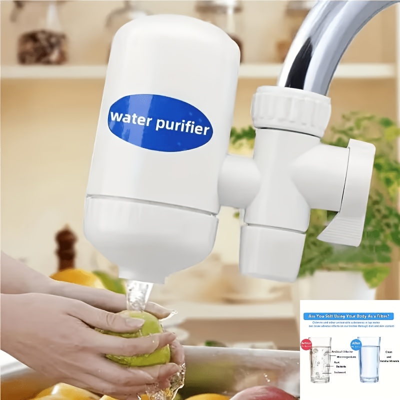 a faucet water filter that provides   to the   no electricity needed     1 free trial filter cartridge this white plastic kitchen water purifier is a modern household item with a  