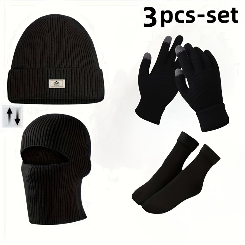 

3pcs Men's Winter Knit Beanie & Gloves Set - , Warm Balaclava For Outdoor Sports, Black, Hand Wash Only - Christmas, Halloween, New Year