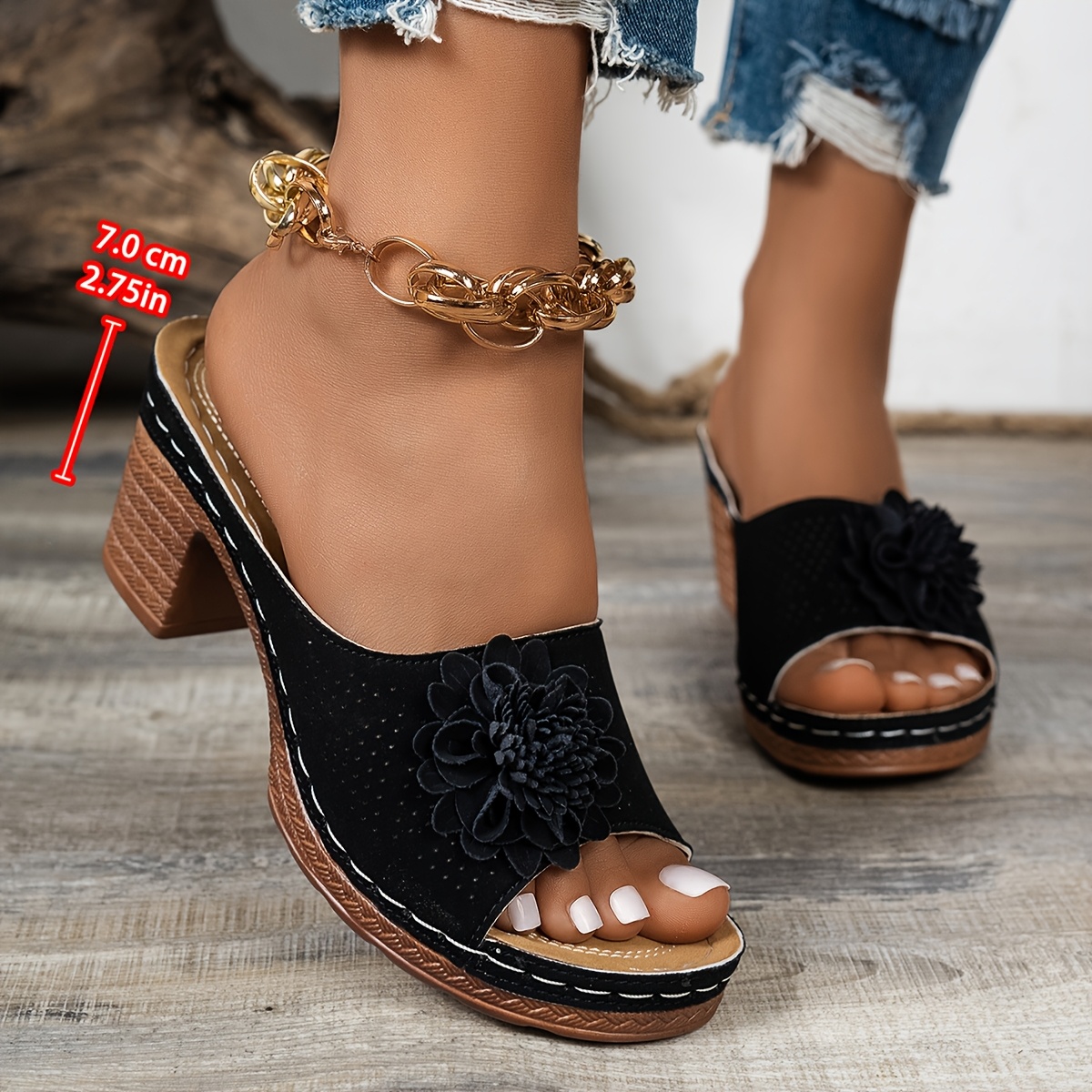 Women's Retro Floral Embellished Mid-Heel Slide Sandals - Slip-On Open-Toe Synthetic Cover Weddings, Parties & Daily Beige Footwear, Dressy Shoes, Wedding Party Footwear, Decorative Flower Design, Durable Rubber Sole, Allseason Wear