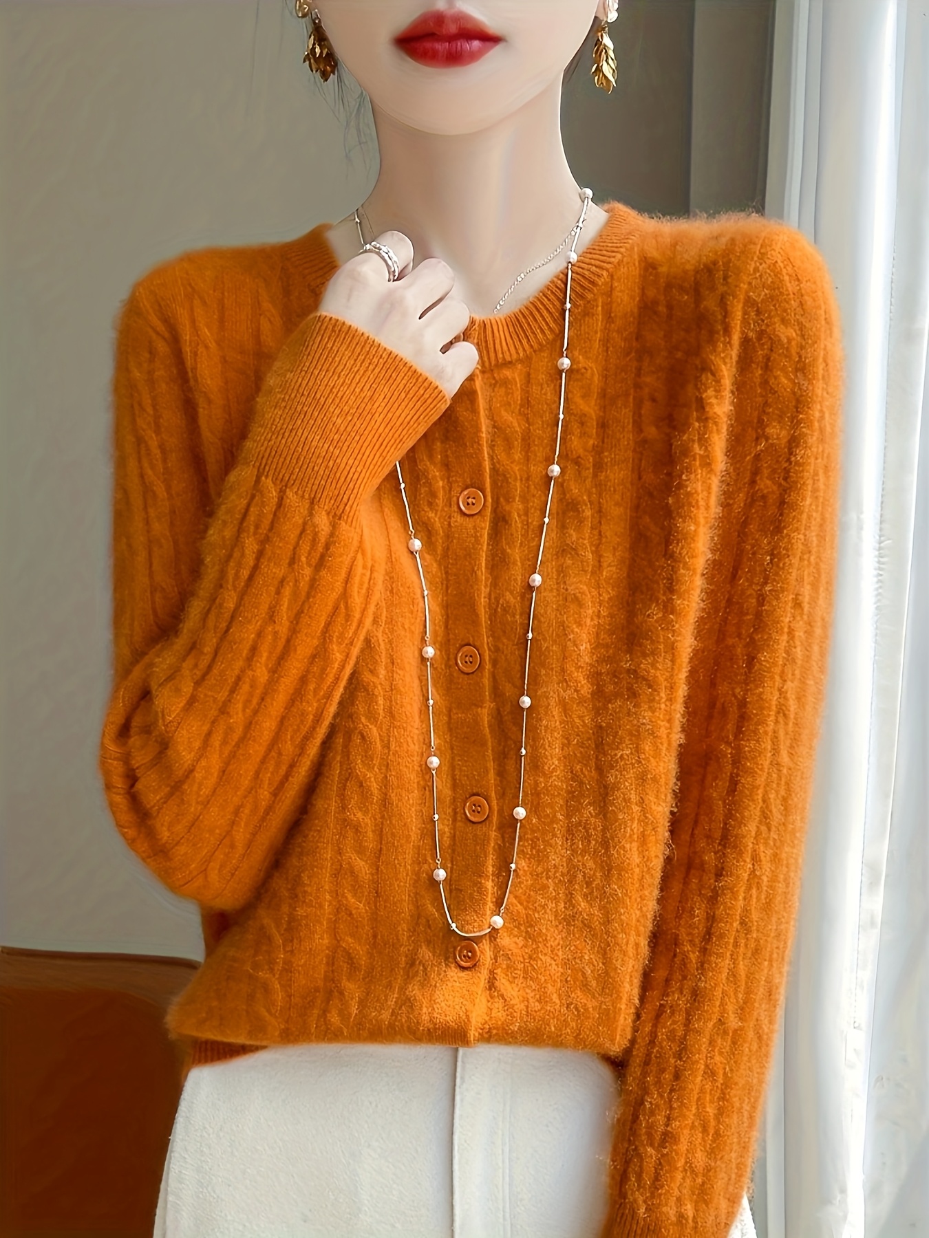 suéter cardigan elegante cable naranja Temu Spain