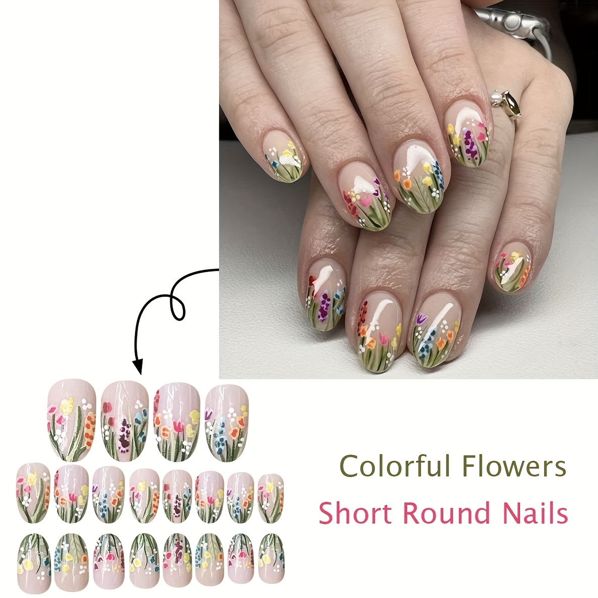 E-shop 24 Stück Kurze Ovale Nagelkunst Sonnenblume Lila Lavendel Falsche Nägel, Frischer und Ländlicher Stil Abnehmbare und Wiederverwendbare Falsche