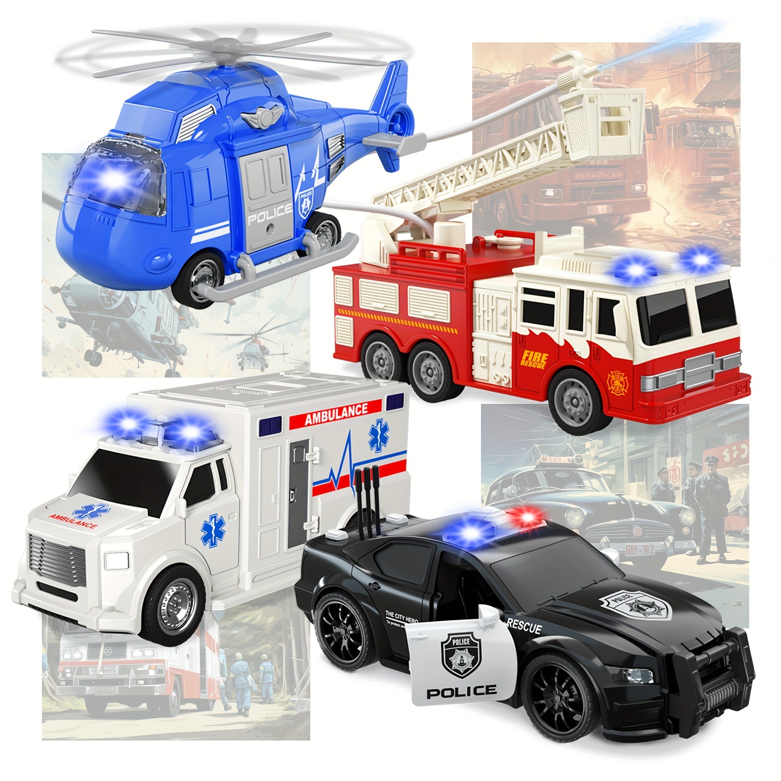 

4 In 1 Toddlers Truck Toys, Fire Truck Car For Boy, 4 Pack Emergency Vehicle Toy With Sound Christmas Birthday Gifts