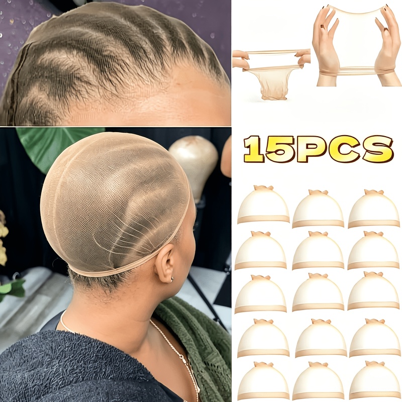 TEMU Juego de 15 piezas de redecillas para peluca invisibles tipo piel para cuero cabelludo, ultrafinas, transpirables y de elasticidad, con banda