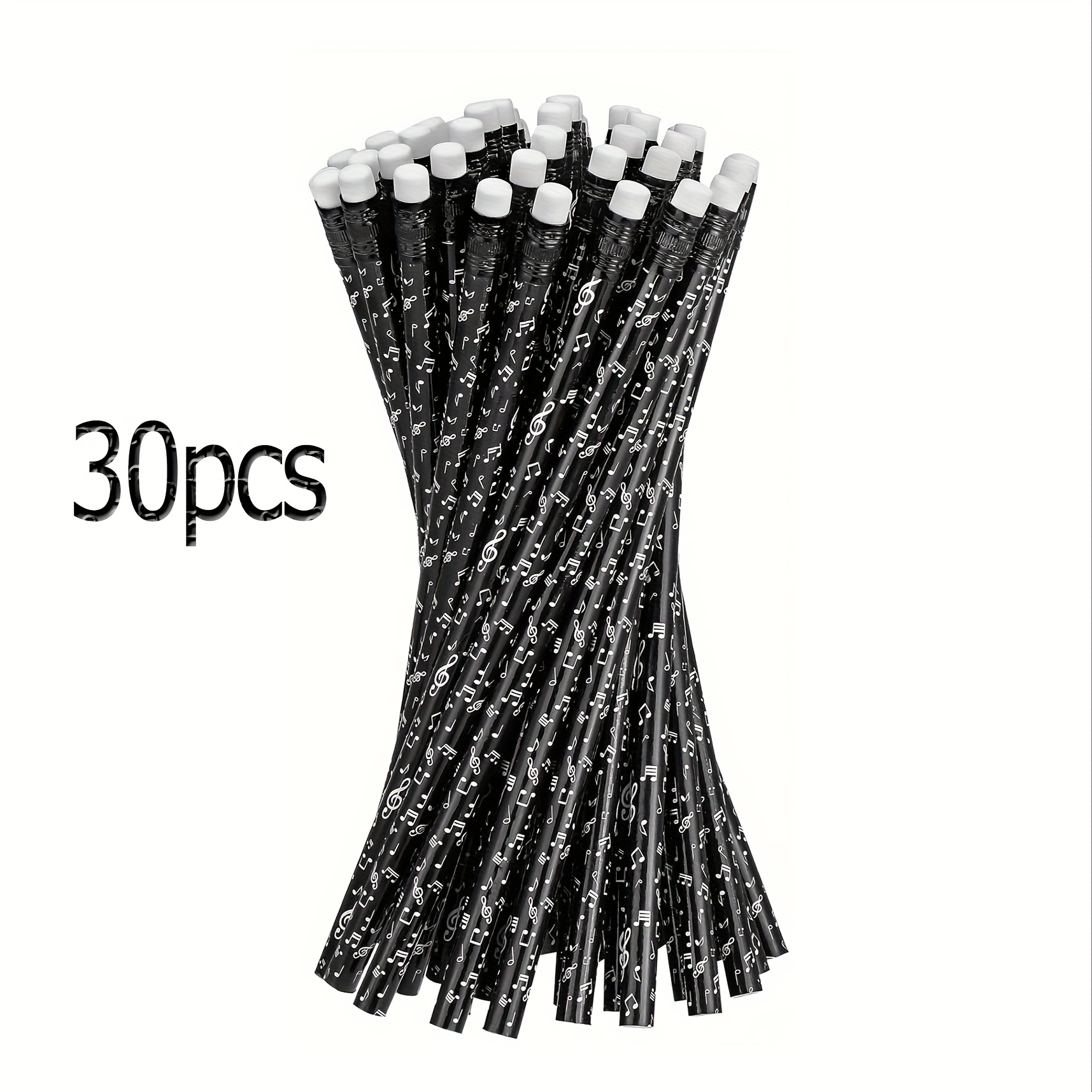Bulk Set Of 30 Round Wooden Pencils Featuring Music Notes, Complete With Erasers