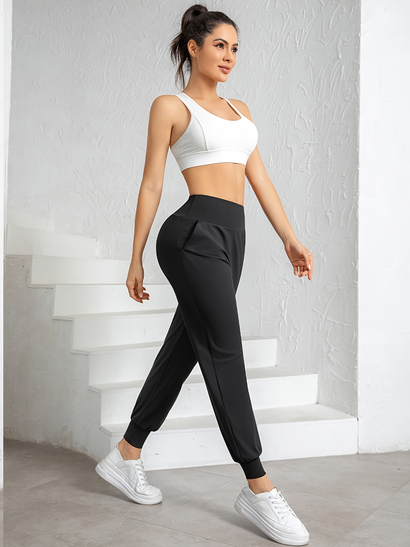 Pantalones deportivos de cintura para mujer No ajustados con  bolsillos para ejercicio, yoga, correr Elásticos, color diseño