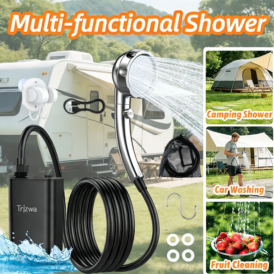 TEMU Portable Shower Camping Shower Rechargeable Shower With 4 Spray And 3in 1 Hook For Pool Cleaning Car Wash Patio Garden Lawn Spa Accessory Pump