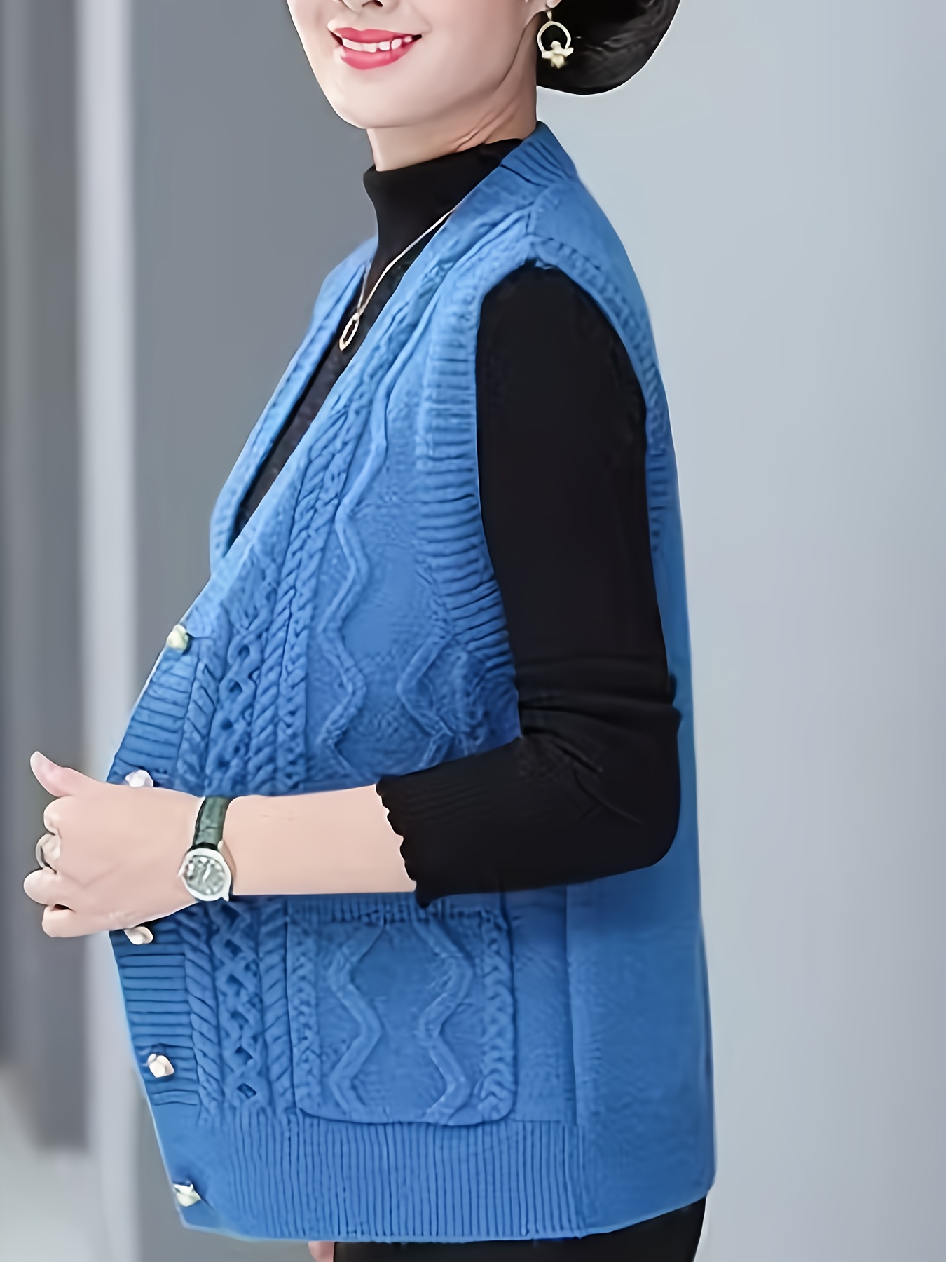 v-hals mouwloze vest voor vrouwen - kabelontwerp met knopen,     casual laagje voor lente & herfst, handwasbaar regular fit, herfstovertop, gestructureerd stof, lichtgewicht coverup, ademend materiaal, volwassenenkleding 3