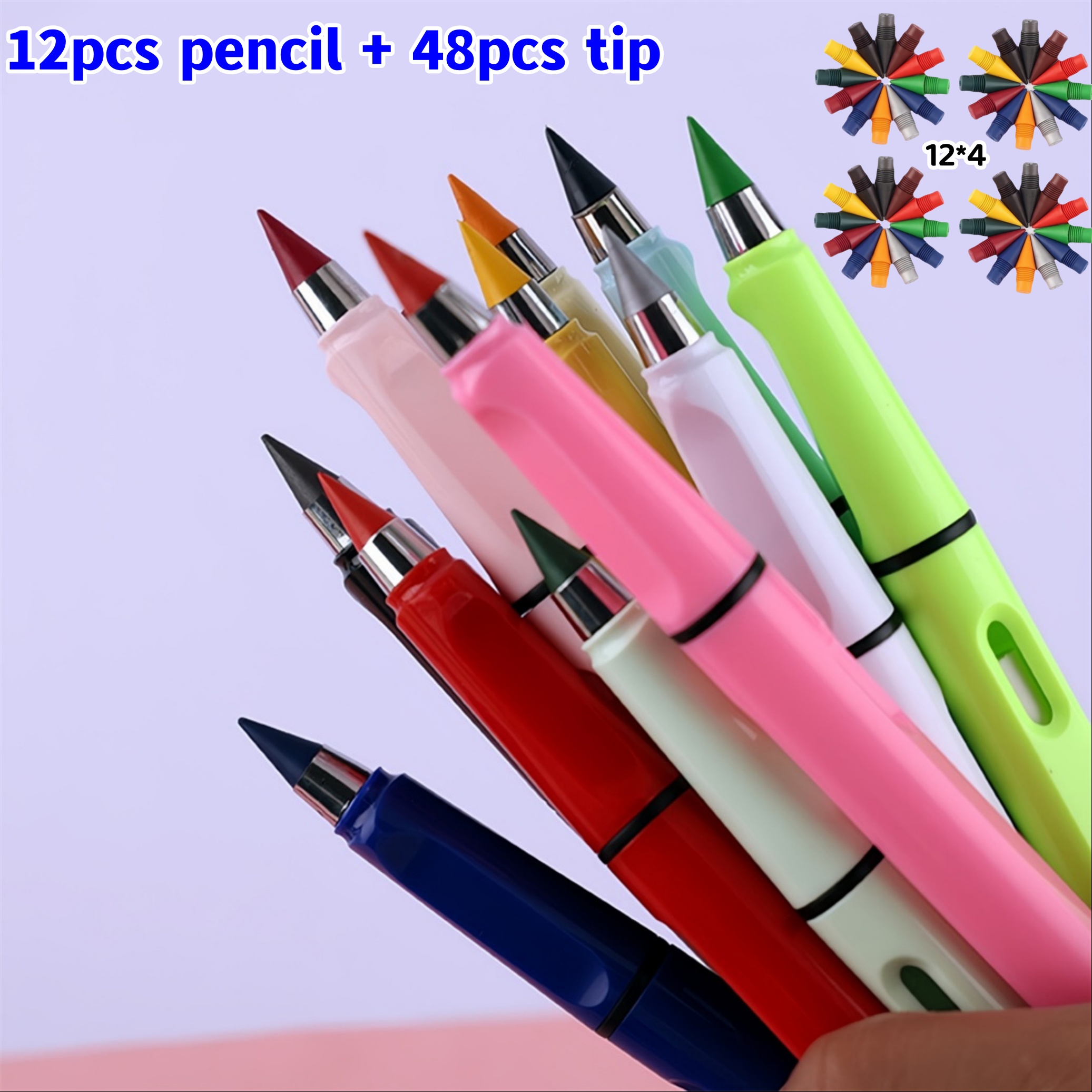 

12pcs Pencil With 48pcs Colored Replaceable Tip, 60pcs/set - Long Lasting Writing Infinity Pencil, Never Sharpen Everlasting Inkless Pencil For Sketch, Drawing, School Supplies Eternal Pencil
