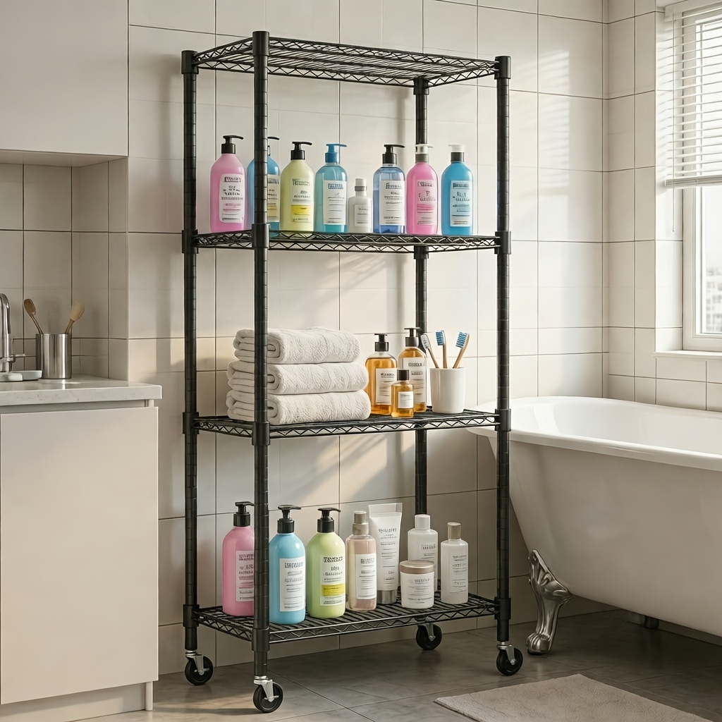 Image of 4-tier Metal Shelving Units For Storage With Wheels And Feet, Height Adjustable Wire Shelving Unit, Shelf System For Bathroom, Kitchen, 76 X 35 X 182cm, Black Storage And Organization