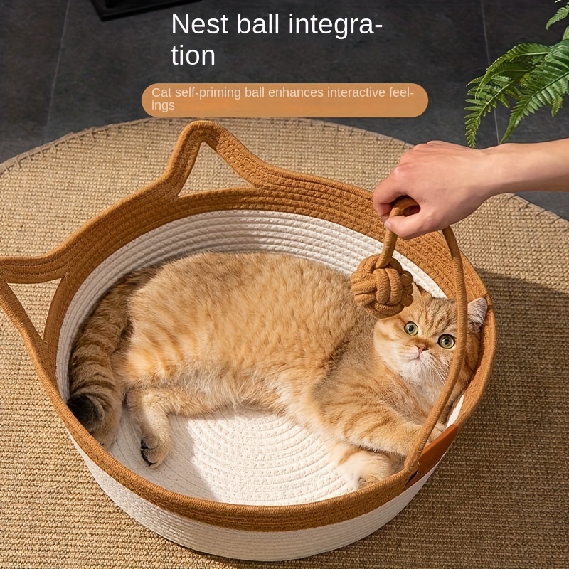 

Hand-woven Cat Kennel, Cute Ear Design Round Cat Cushion, Universal In All Seasons, Woven Cat Nest Sleeping Basket With Ball Toy