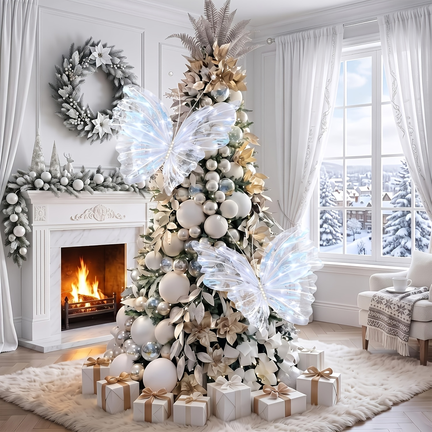 TEMU 2-6 stuks Hangende Kerstvlinders, Witte Tule Parelvlinders Kerstdecoratie; Kunstmatige Vlinders, Fotodecoratie, Kerstboomdecoratie, Bruiloft,