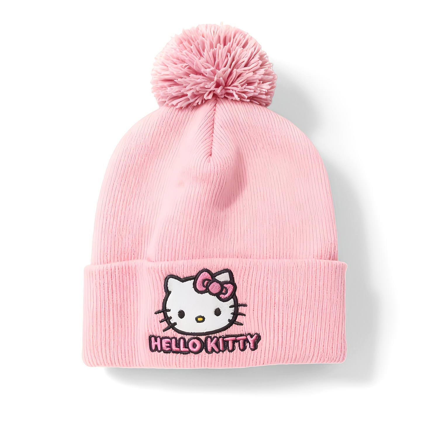 Image of 's Adorable Pink Hello Kitty Women's Beanie With Pom-pom, Suitable For Women And, Warm Hat For Winter, Cartoon Embroidered Ski Cap, In Colors, A Stylish Kawaii Anime Accessory Gift
