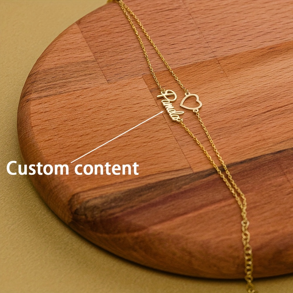 Image of Custom, 18k Golden Plated Double Chain With Customizable English Name, Hollow Heart And Name Design Women's Personalized Jewelry, Easy And Versatile Style Suitable For Daily Wear And Holiday Gifting