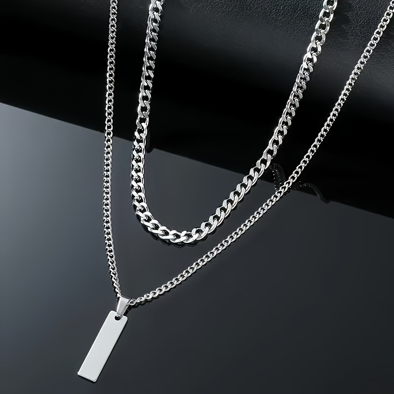 E-shop 2 Stücke Lässige Modische Herren Edelstahl Gravierbarer Geometrischer Anhänger Doppelschicht Stapelbarer Halskette