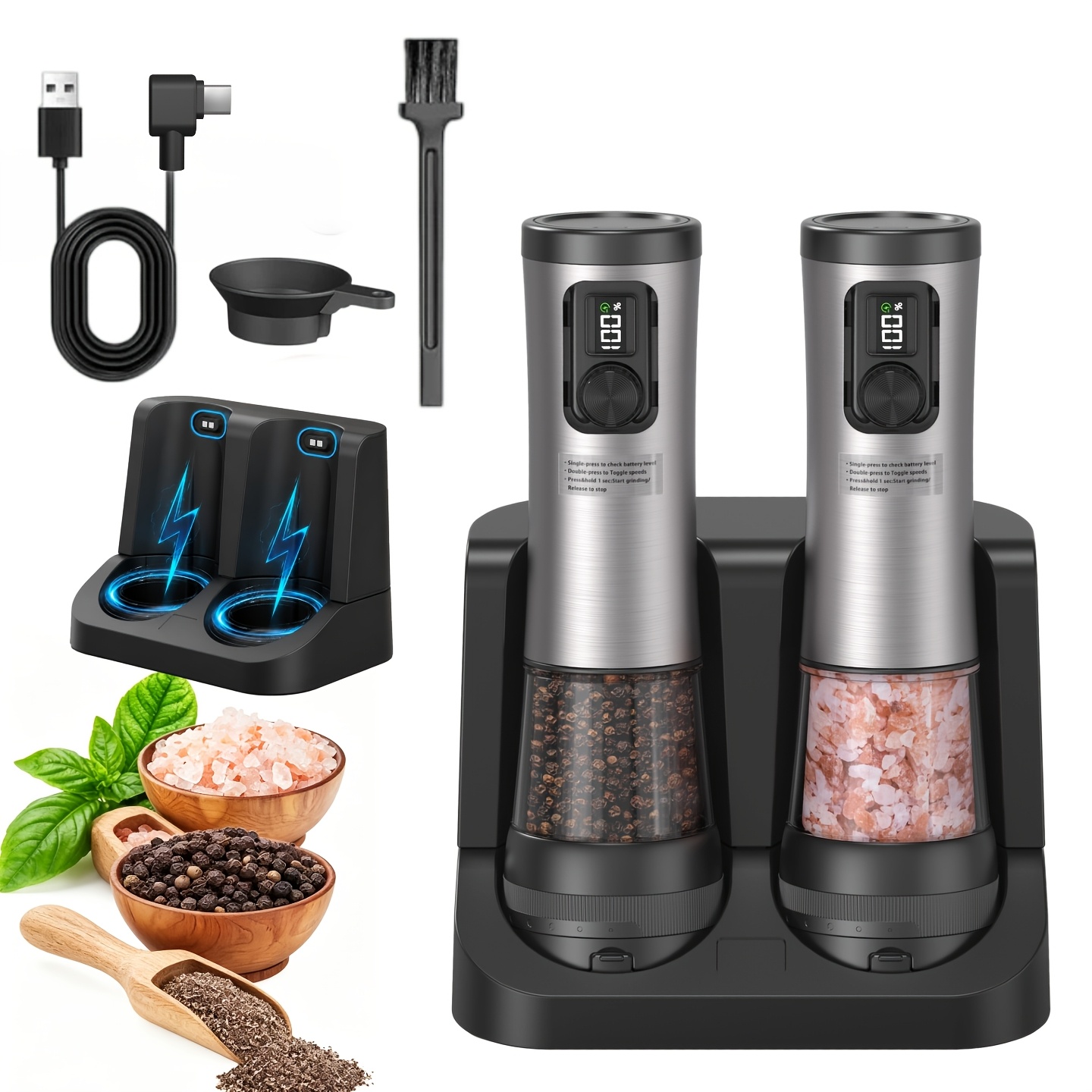 TEMU 2pcs Automatic // Grinder With Usb Rechargeable, Digital Display & Adjustable Thickness, Large Capacity Suitable For Kitchen, Bbq, For, Usb- For