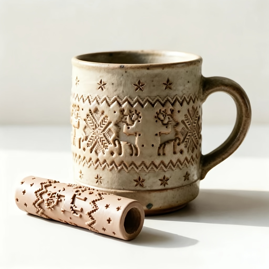 TEMU Christmas Reindeer Snowflake Ceramic Rolling Stamp Mold, Seamlessly Rolls Patterns Un-fired Wet Clay, Suitable For Ceramic Mugs And Flower Pots,