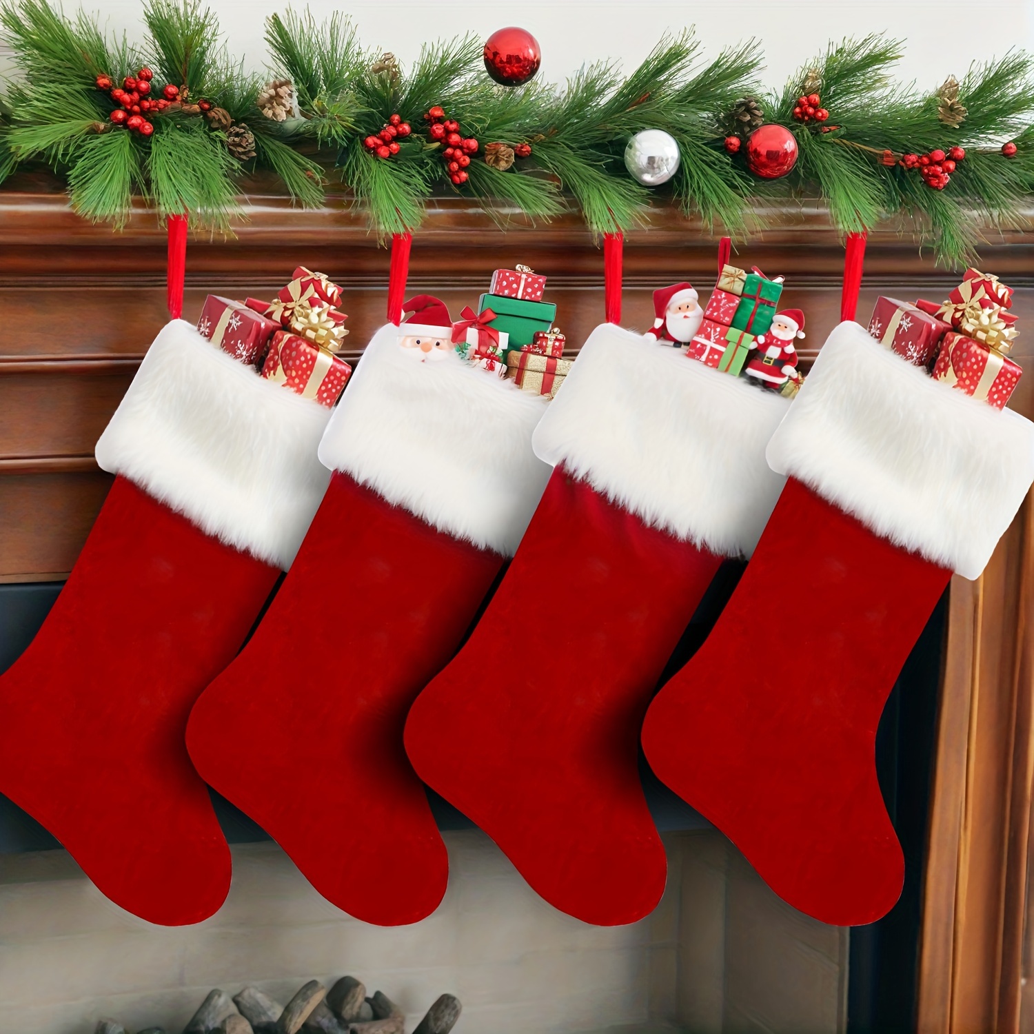 

4pc Classic Christmas Stockings, Polyester Velvet Long Tube Socks, Holiday Decor For Home, Kitchen, Christmas Party, Thanksgiving, , Autumn, Winter Decorations