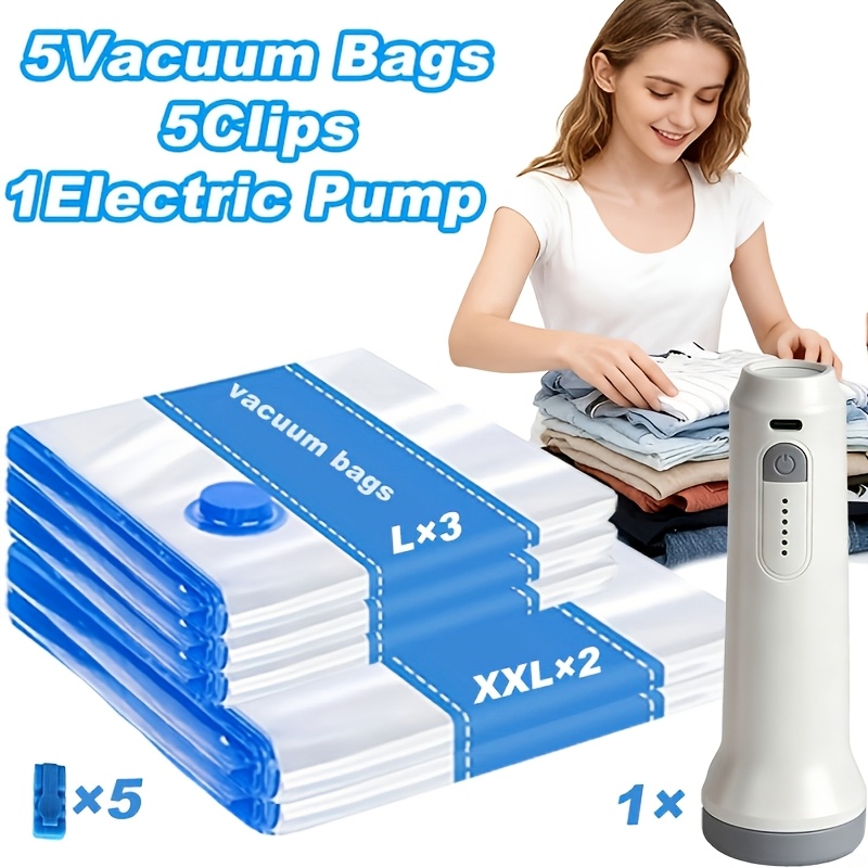 TEMU Lot de 11 sacs de conservation sous vide avec pompe à air électrique, 5 pinces de fermeture, 3 grands + 2 XXL sacs sous vide de place pour