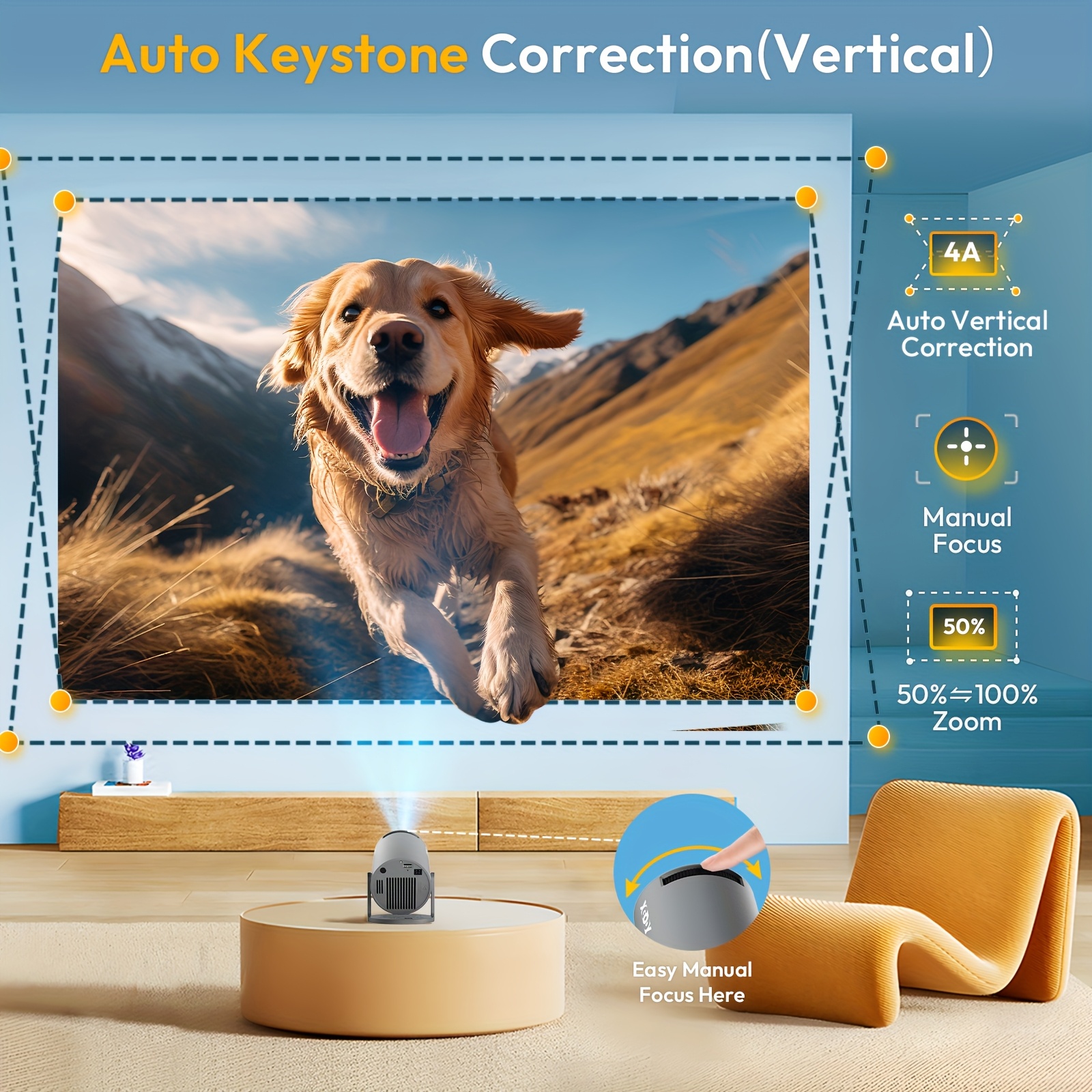 XGODY HY300 PRO Smart Mini Projektor, unterstützt 4K mit WLAN und eingebauten Anwendungen, verfügt über Autofokus und Trapezkorrektur, Audio, Zoom-Funktion, lokale 720P Auflösung für Filme und ist ein tragbarer Mini-Outdoor-Projektor in Weiß