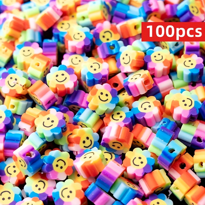 E-shop 100 Stück 9mm Bunte Fröhliche Blumen Polymer Clay Perlen Armband Bastelset, Niedliche Lustige Fröhliche Gesichtsanhänger für Schmuck Halskette