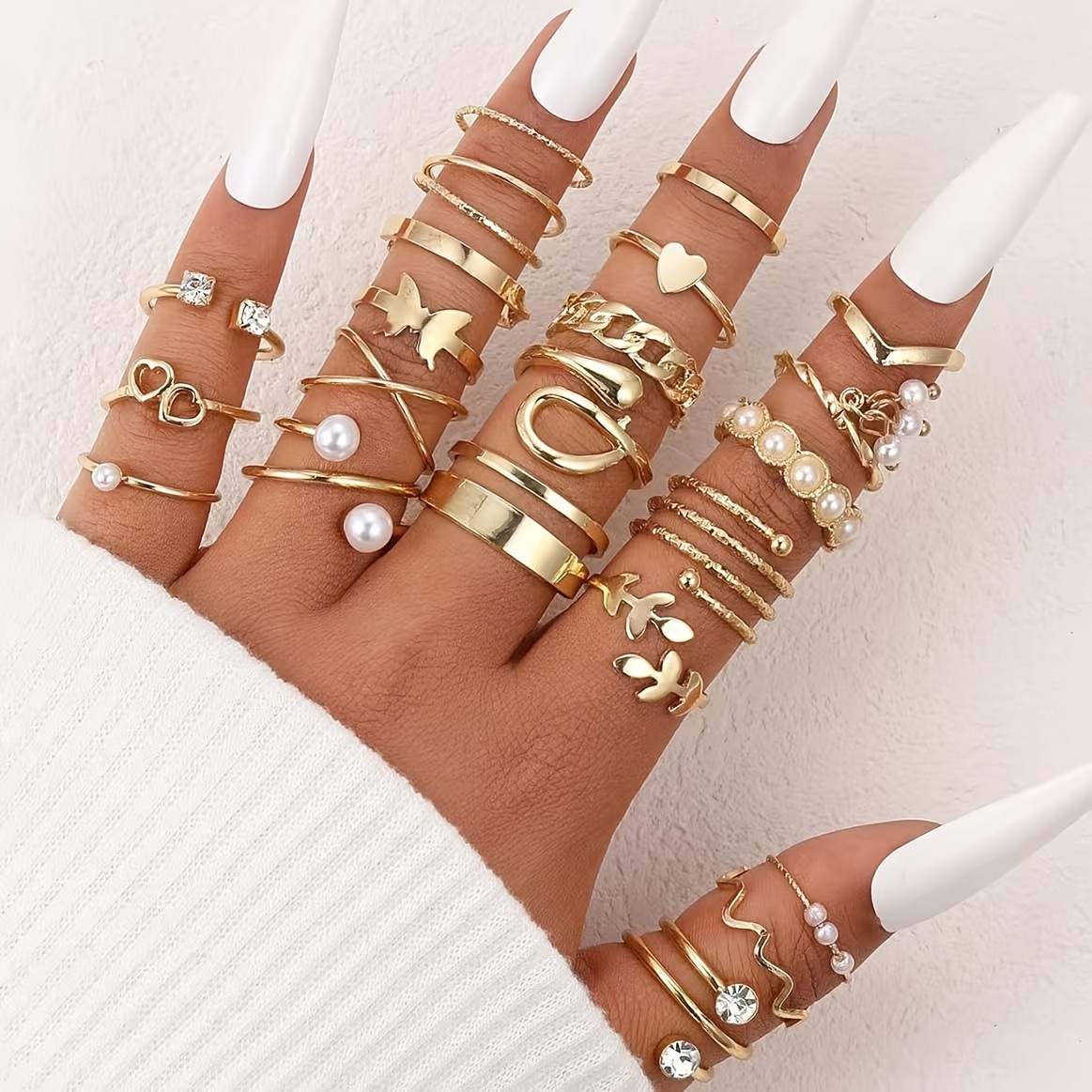 TEMU Set de 22 anillos de dorados para mujer, anillos retro huecos en apilables con incrustaciones de circonita, tamaño , regalo de joyería