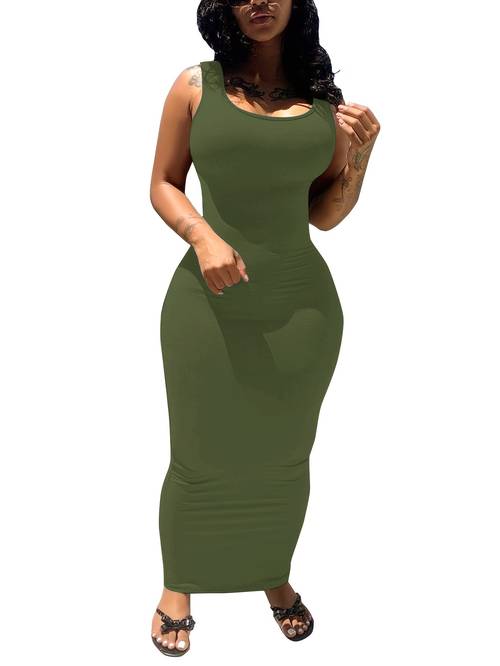 womens chic solid color stretchy dress sleeveless bodycon maxi with pockets machine washable for spring summer