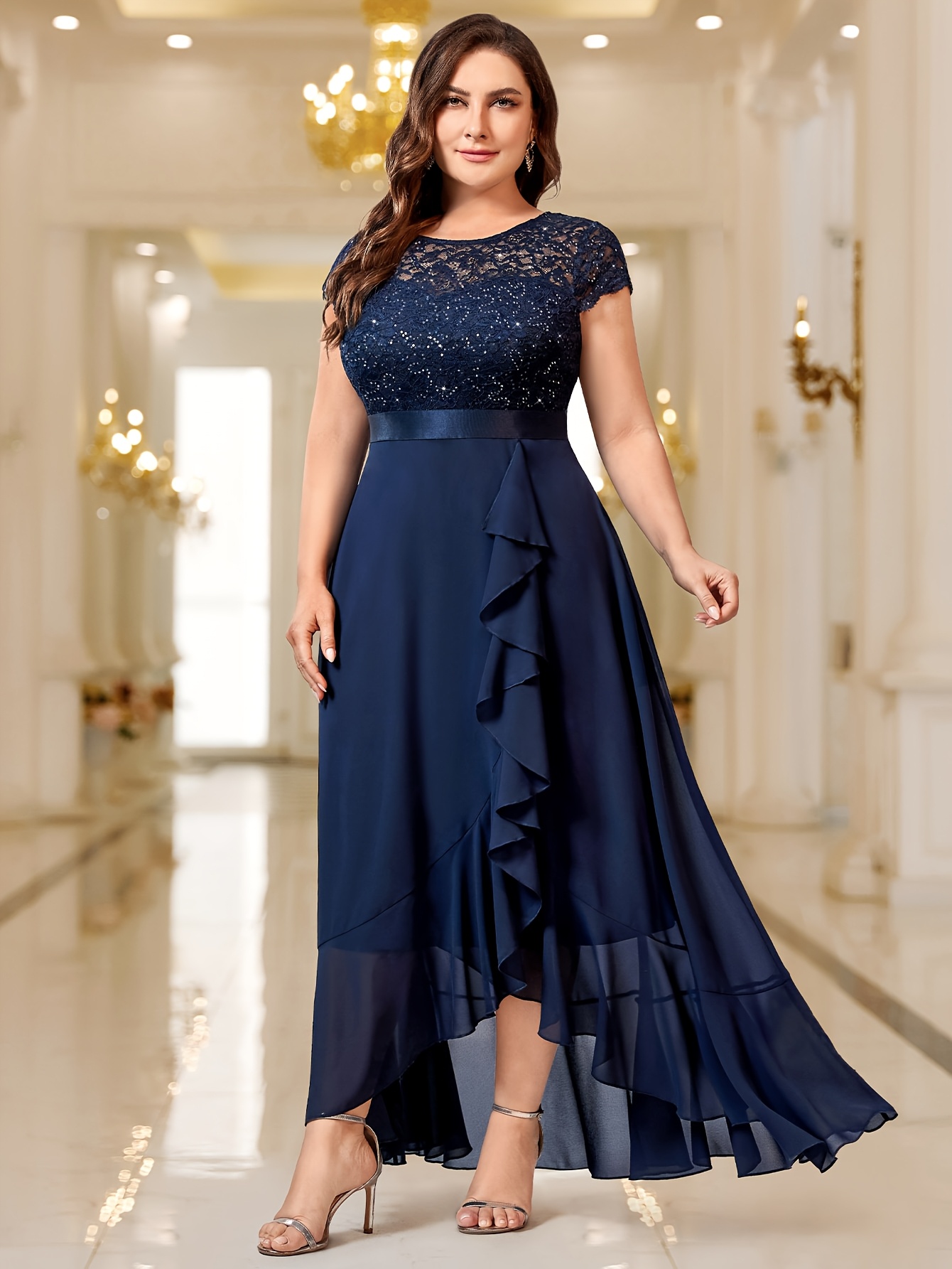 green emerald velvet dress A-line Plus Size Lace Satin 3/4 Sleeve Hi Low Mother of Bride Dress, S