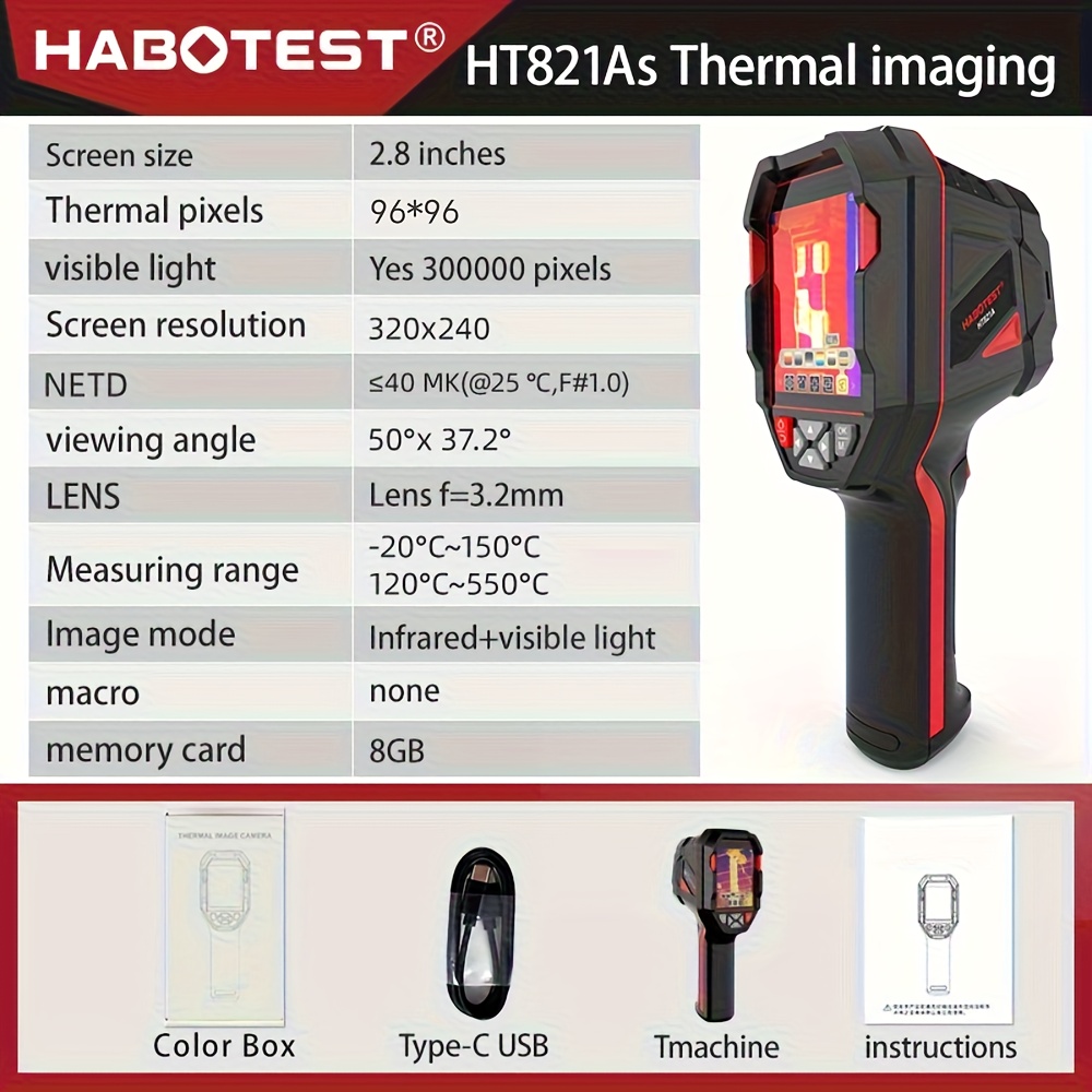 Habotest Ht821a Handheld Thermal Camera With 96x96 Ir Resolution, Portable Thermal Imager (-20°c To 550°c) | 8gb + Usb | Multiple Color Palettes & Led Light, Industrial Thermal Imaging Device