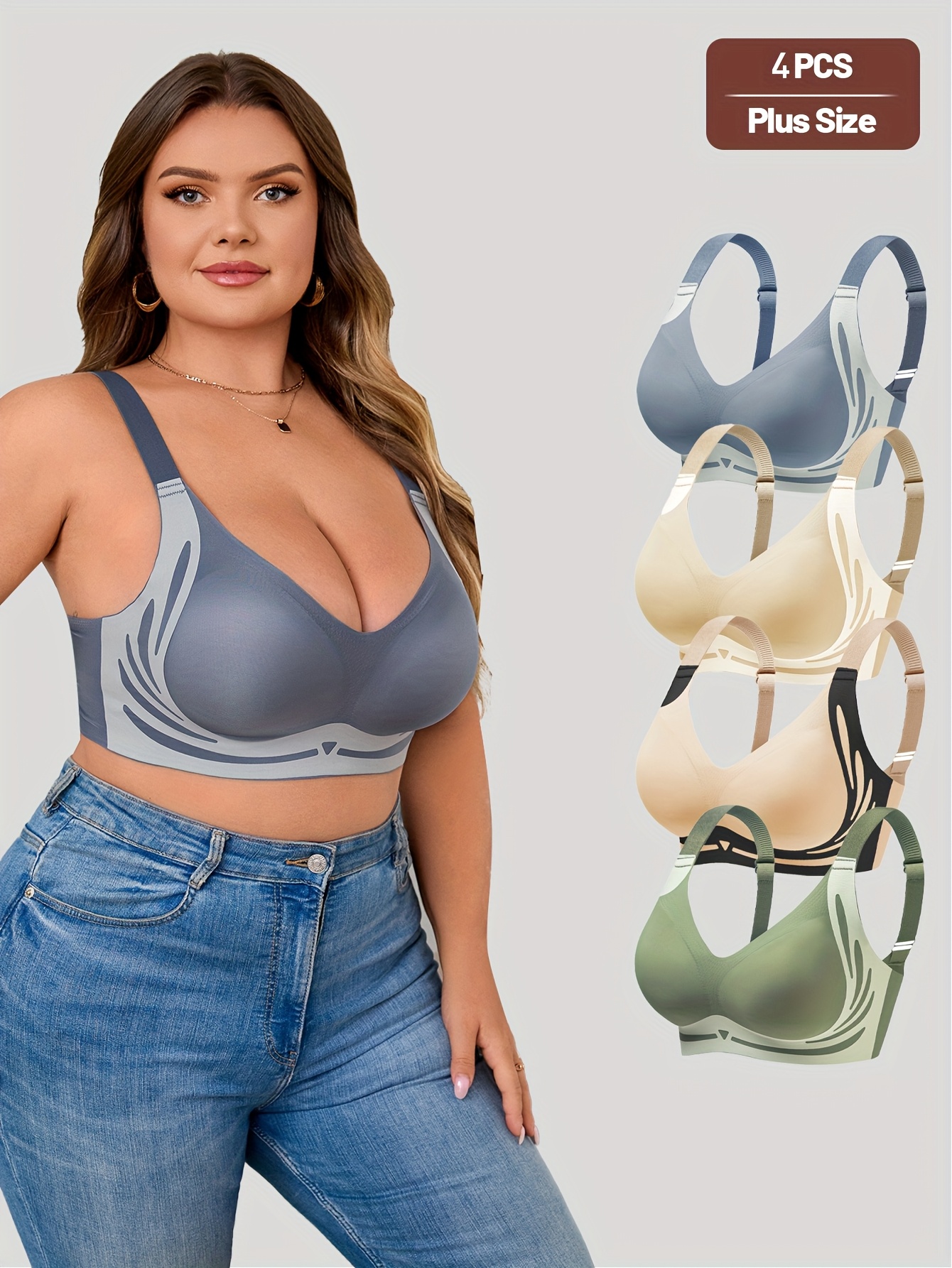 4pcs sexy plus size no underwire contrast colorful   versatile bra set for women sexy backless bra push up bra and strapless bra in   green beige and black sexy lingerie