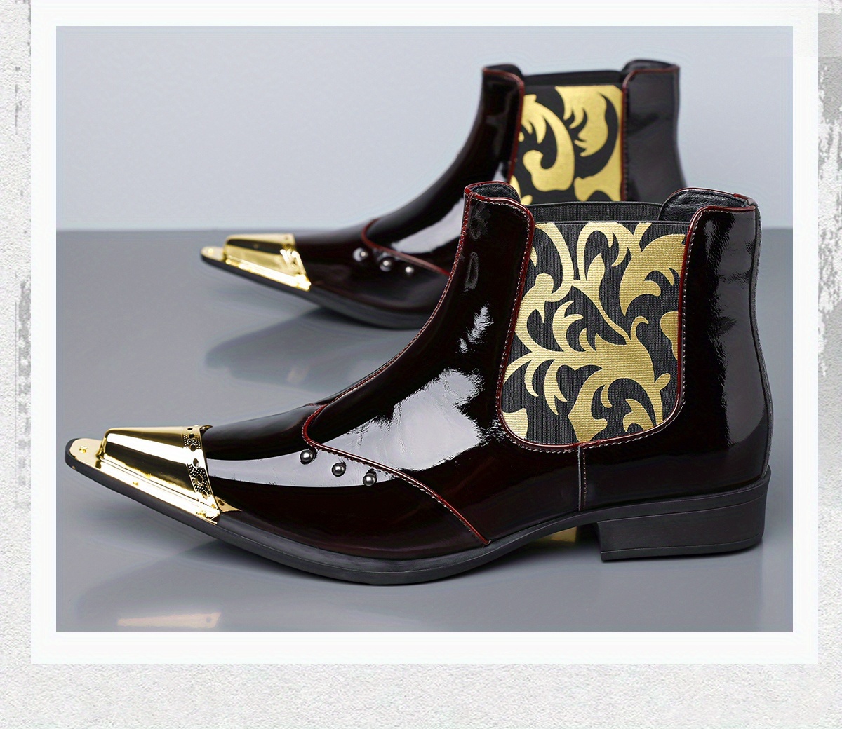 QRLQRL Men's Glossy Black/Golden Cloud Pattern PU Short Boots - Elastic Closure Slip-On/Lace-Like Buckle, Golden-Tipped Toe & Heel, All-Season Dress Boots for Casual & Formal Wear (Shoe Maintenance-Free)