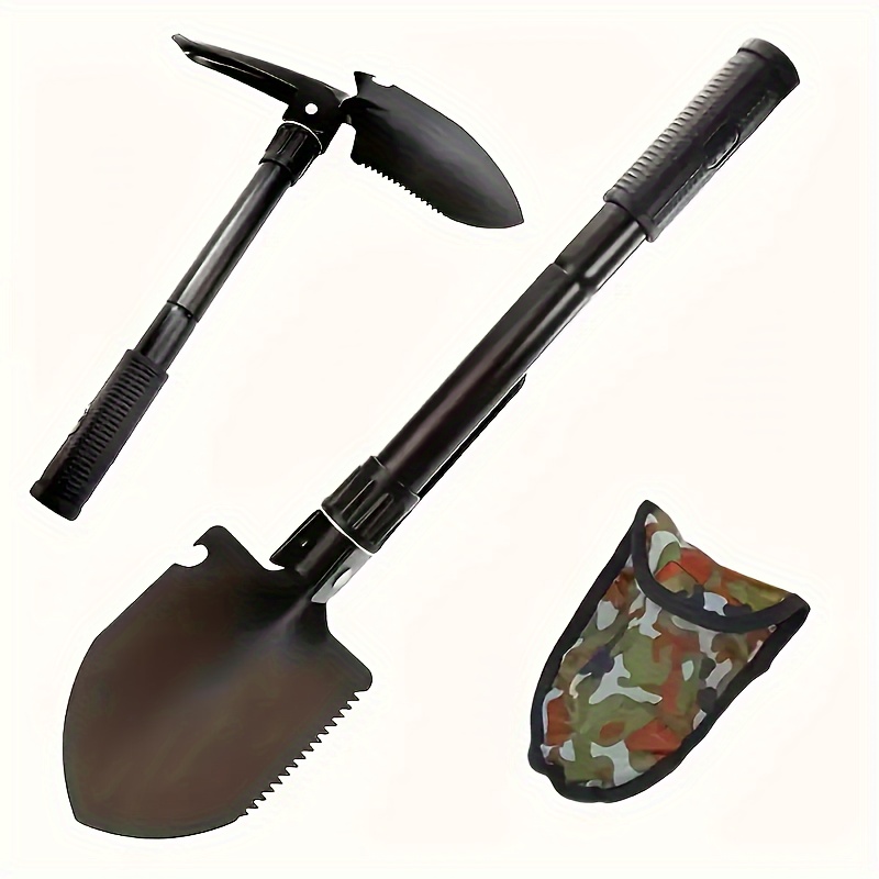 TEMU Versatile Portable Folding Shovel - Premium Durable Steel Camping Tool Featuring Serrated Edges, Adjustable Knob, Removable Handle, Non-slip Grip, And Compass - 7-in-1 Gardening And Survival Tool