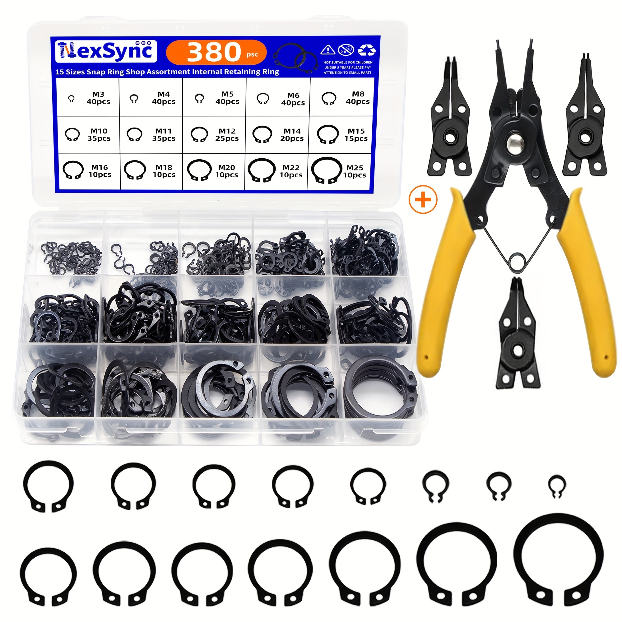 

381pcs 15 Sizes 3mm To 25mm Alloy Steel External Retaining Rings Internal Circlip Snap Retaining Clip Ring With 4 In 1 Snap Ring Pliers, Wrist Pin Clips Internal External Repair Projects