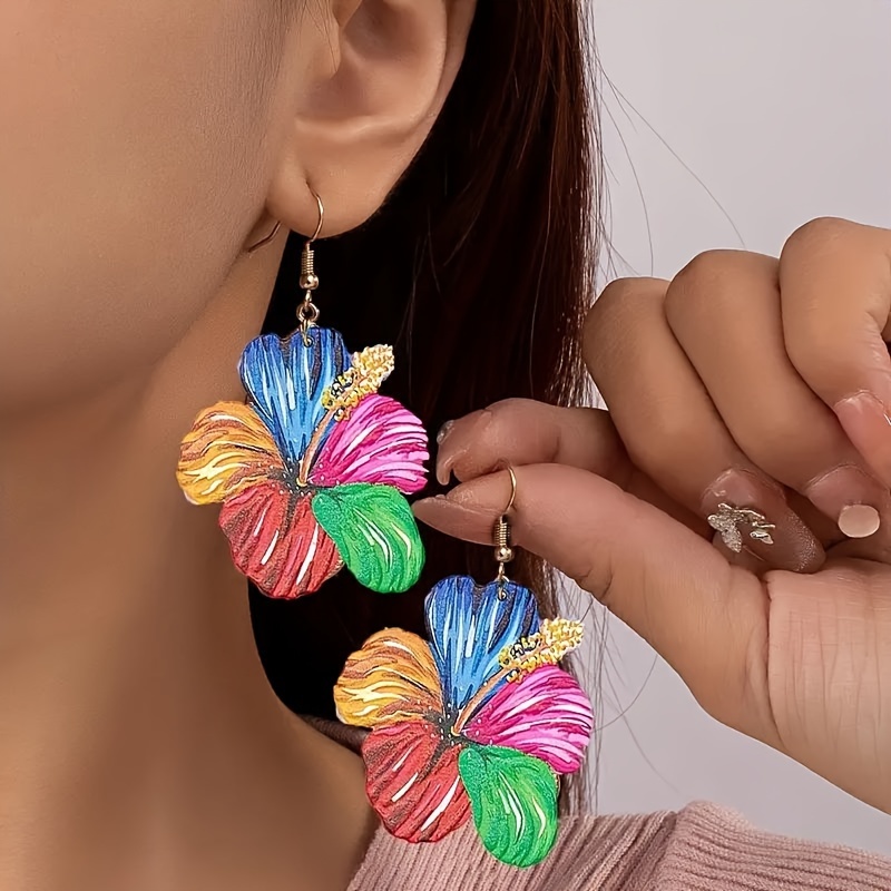 

Colorful Acrylic Hibiscus Flower Drop Earrings, Unique Design Charm Dangle Accessories For Casual Outfits, Parties, Street Fashion, Gatherings, And Beach Holidays - 1 Pair