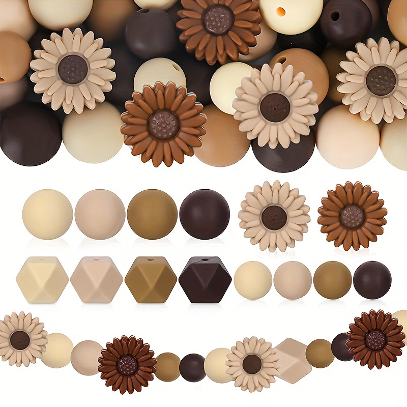 

100pcs Daisy Flower Silicone Beads Brown Round Hexagonal Bulk Spacer Beads For Diy Crafts Jewellery Necklace Bracelet Keychain Pen Decoration Making