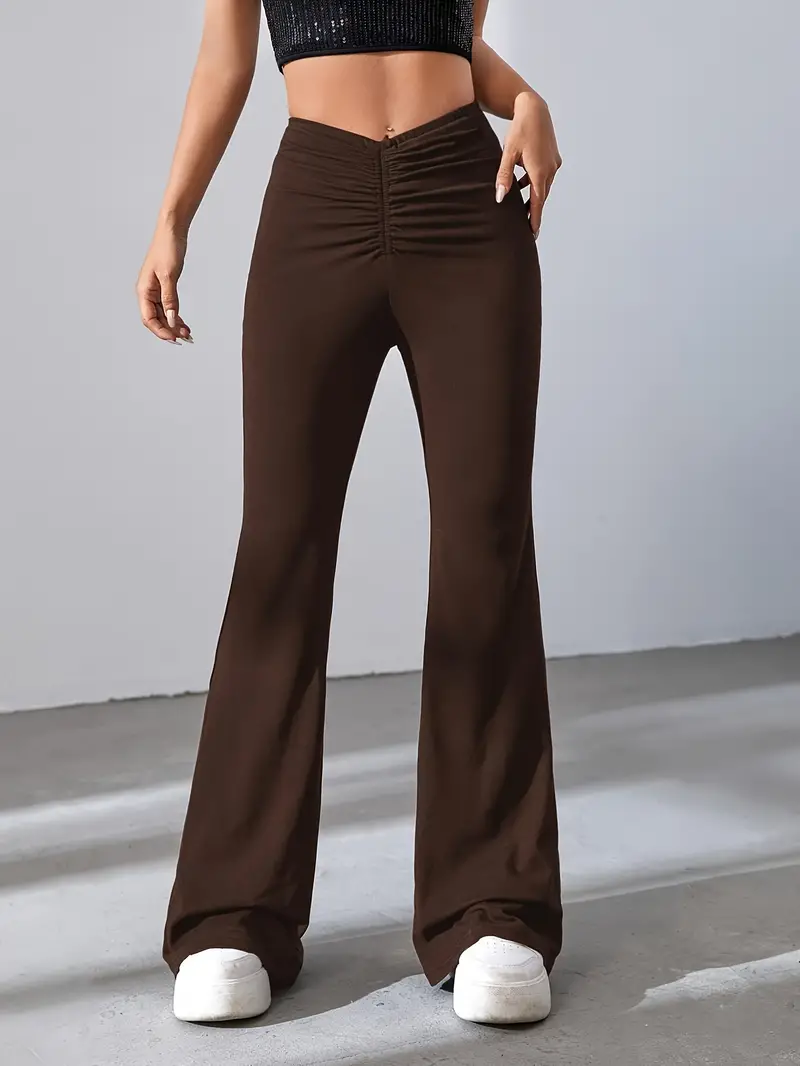 Solid Ruched Flare Leg Pants Casual Forbidden Pants Spring - Temu