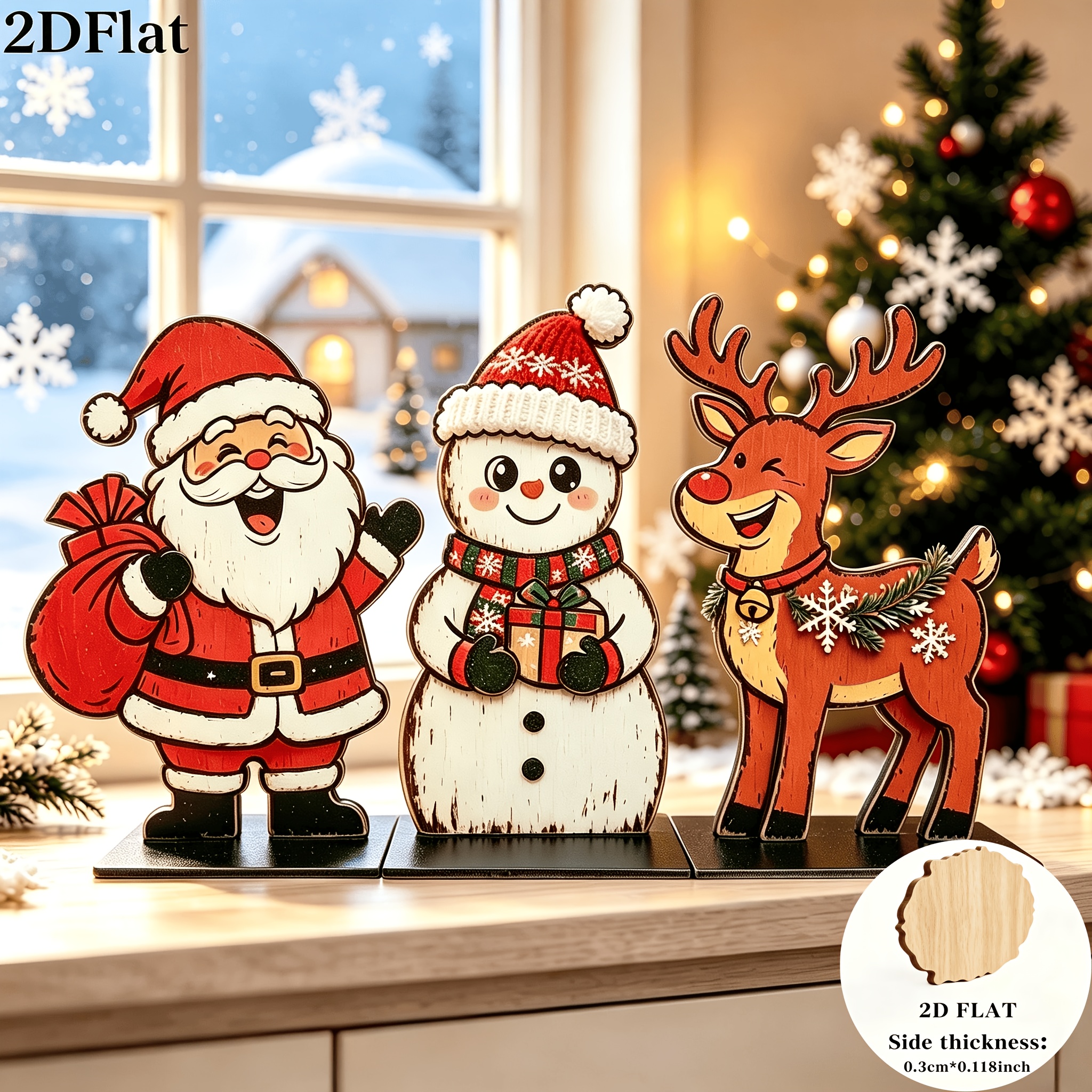 TEMU Ensemble de décoration de bureau de Noël plat 2D, 3 pièces, comprenant Père Noël, un de neige et des ornements de . complet est plein d'une