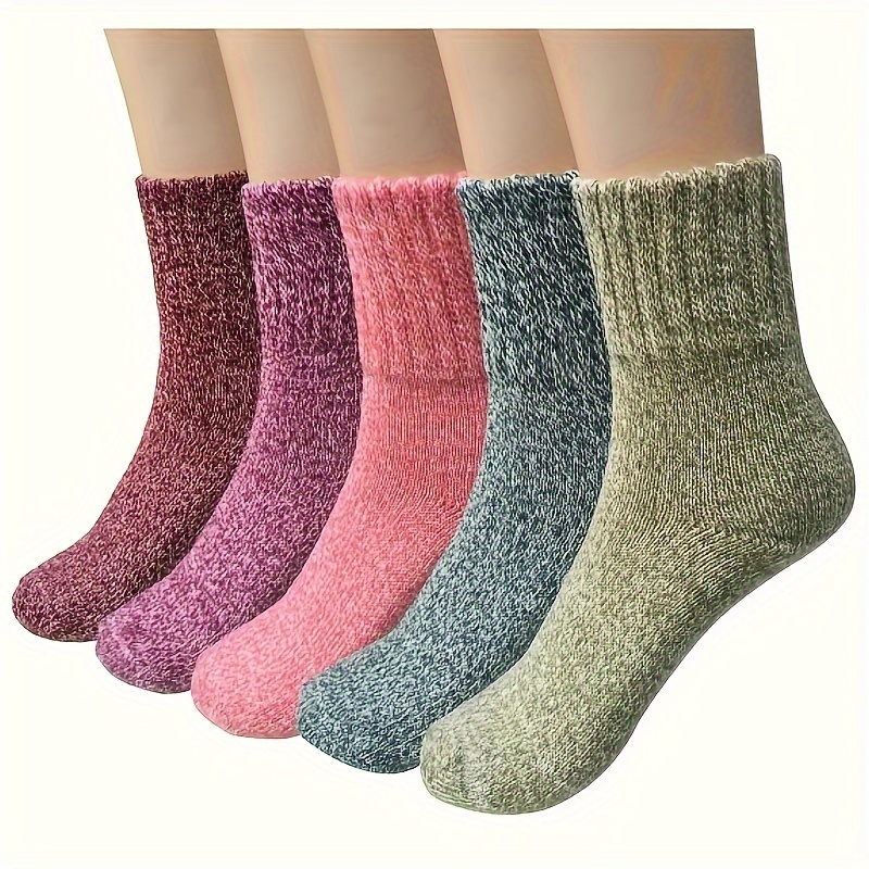 

5pcs Cozy Mid-calf Women's Socks - Warm, Soft Ribbed Knit In Solid Color, Polyester & Elastane , Machine Washable, Cute Socks