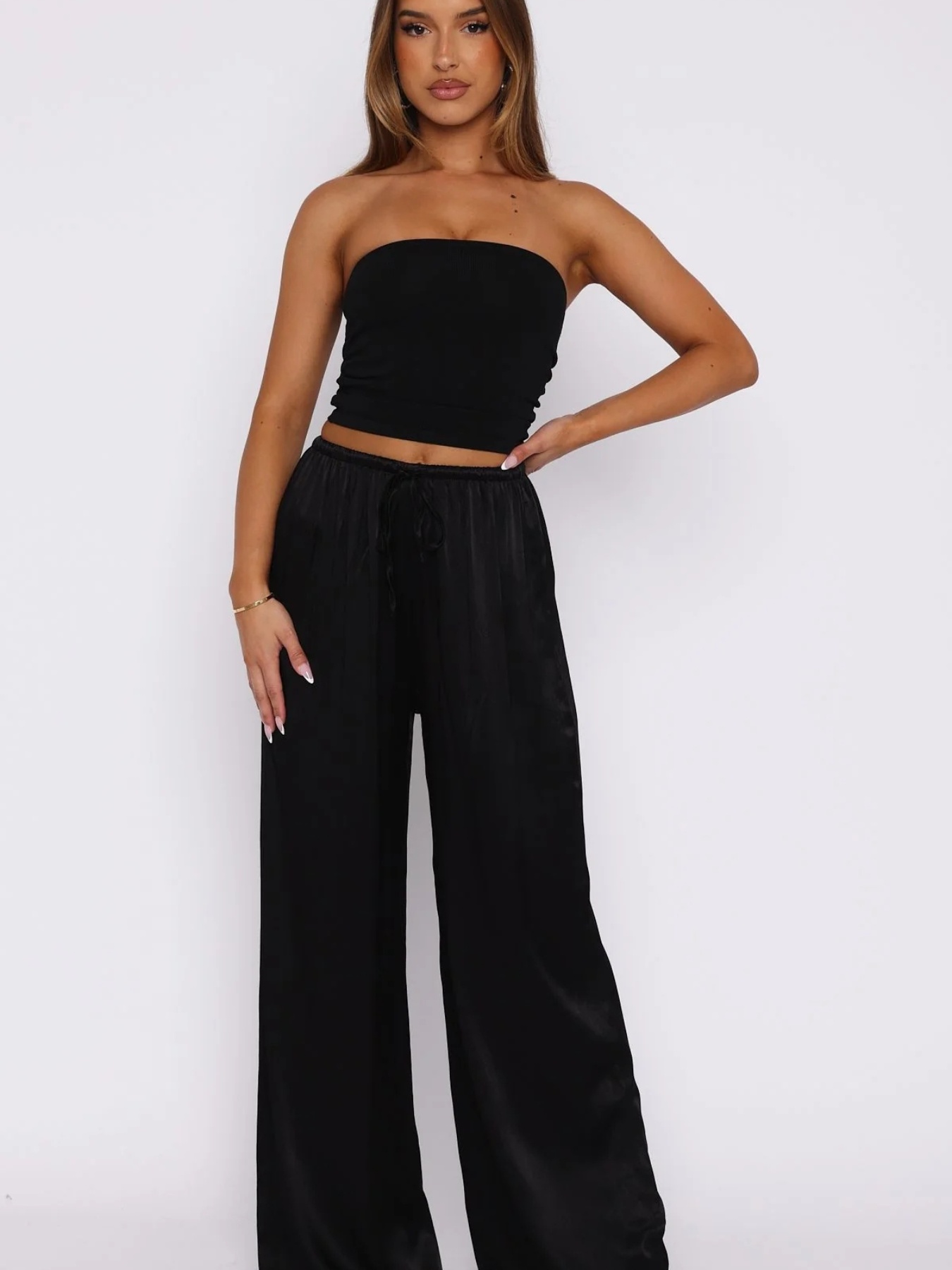 Women's Elegant Silk-Feel Wide Leg Pants High Waist, Drawstring, Solid  Color, Flowy Casual Trousers