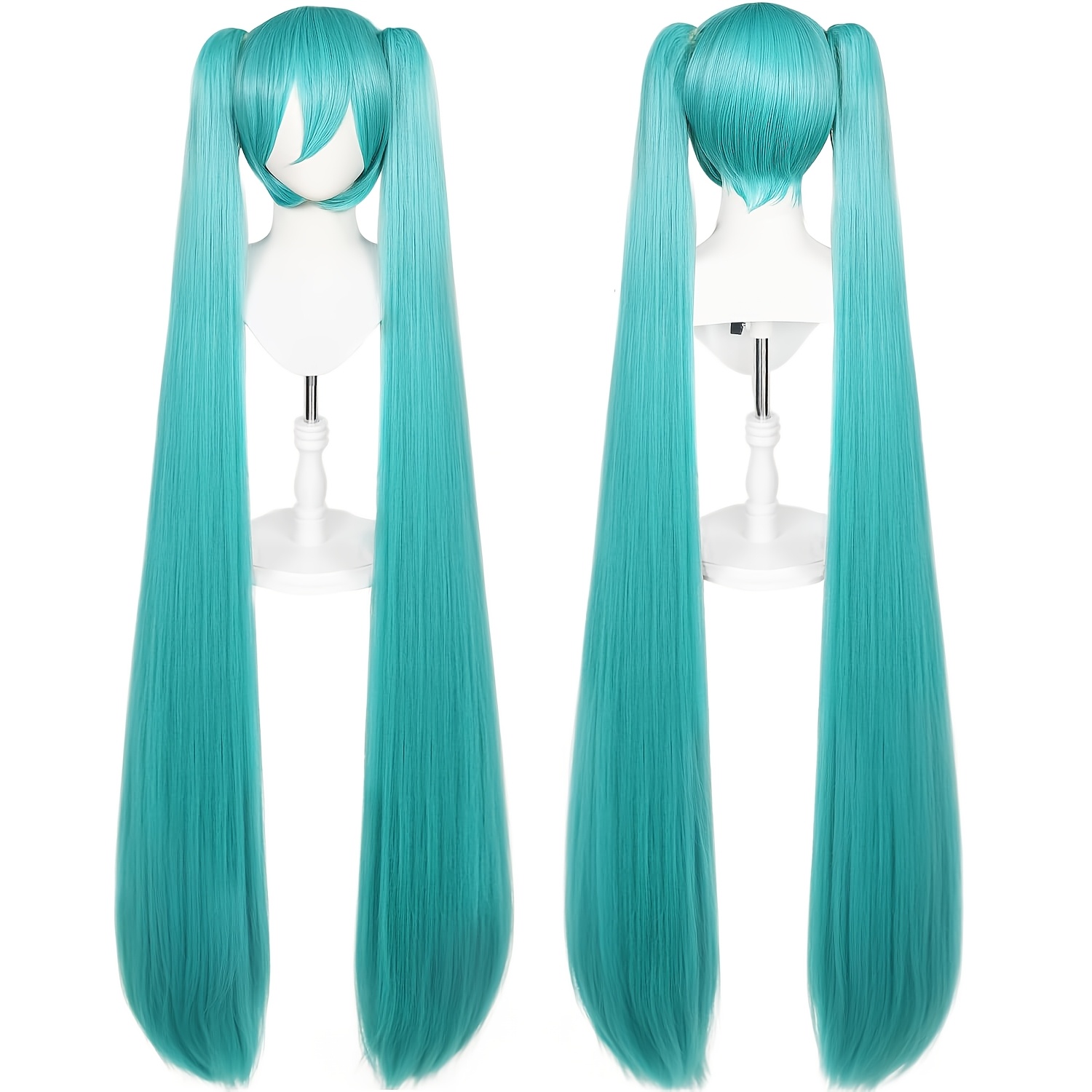 TEMU Perruques Vertes Longues Perruque Verte à Double Queue de Cheval pour Femme Filet à Cheveux de Cosplay 46 Pouces de Long Perruques Vert Verdâtre