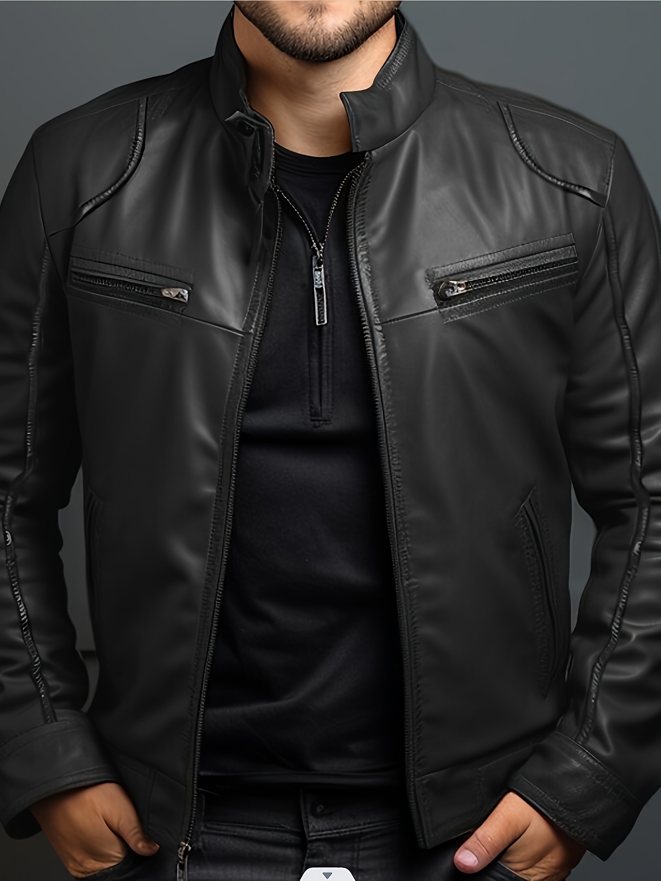 mens black pu leather jacket casual stand collar with zipper long sleeve regular fit multiple pockets motorcycle style polyester lining   only     jacket polyester lined