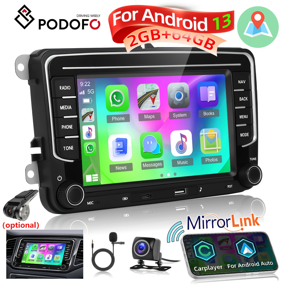 

Podofo 2g+64g Carplay Stereo For Vw Tiguan Golf Mk5 Mk6 T5 Seat, Car Stereo 7 Inch Touch Screen Auto Gps Navi, Type-c/usb Fm/rds Swc Backup Camera Dvr Camera