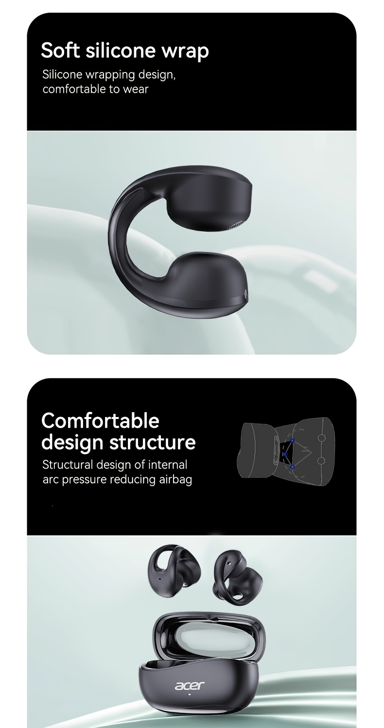 [Acer official genuine] TWS Wireless Headset Heavy Bass Stereo Sound Ultra Long Life Sport Running Clip On Ear Low Latency Gaming Mode HIFI Audio Lightweight Touch Control Design Stylish Design Long Wear No Pain Learning/Telephone/Business/Music Christmas Gift/Valentine's Gift Recommended Multi-Device Compatible Mobile Phone/Tablet/Laptop Built-in Microphone with Type-C Charging Case